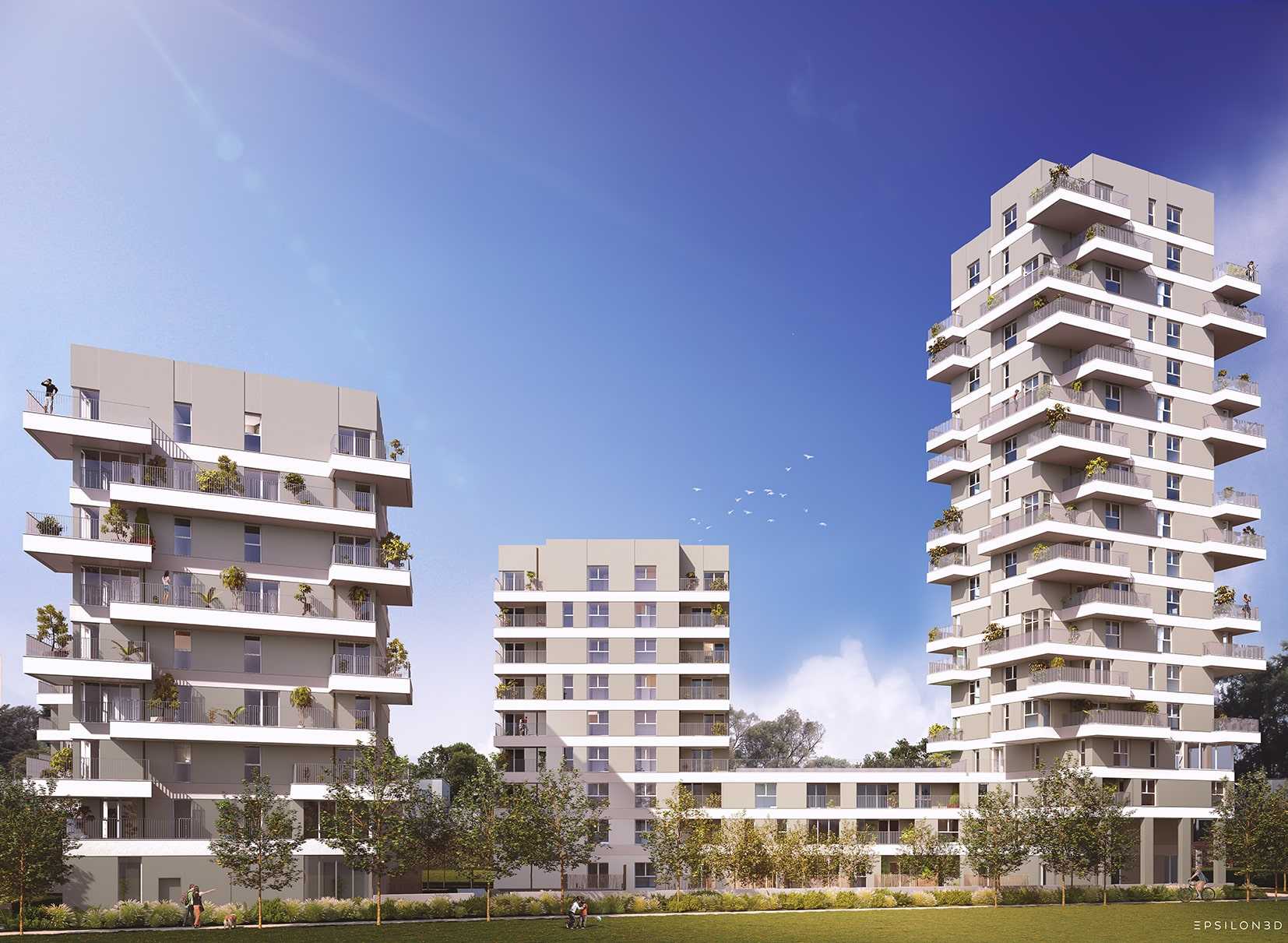Visuel non contractuel du programme Impérial Rennes.
3 bâtiments élégant et moderne avec de la verdure aux pieds des immeubles.
